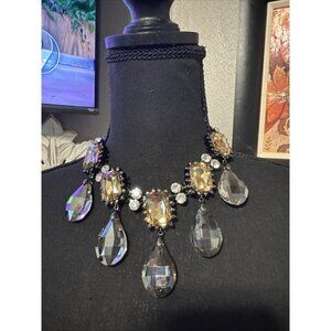 Rhinestone Black Amber Gold Tone Teardop CZ 10" Long Bib Statement Necklace NEW